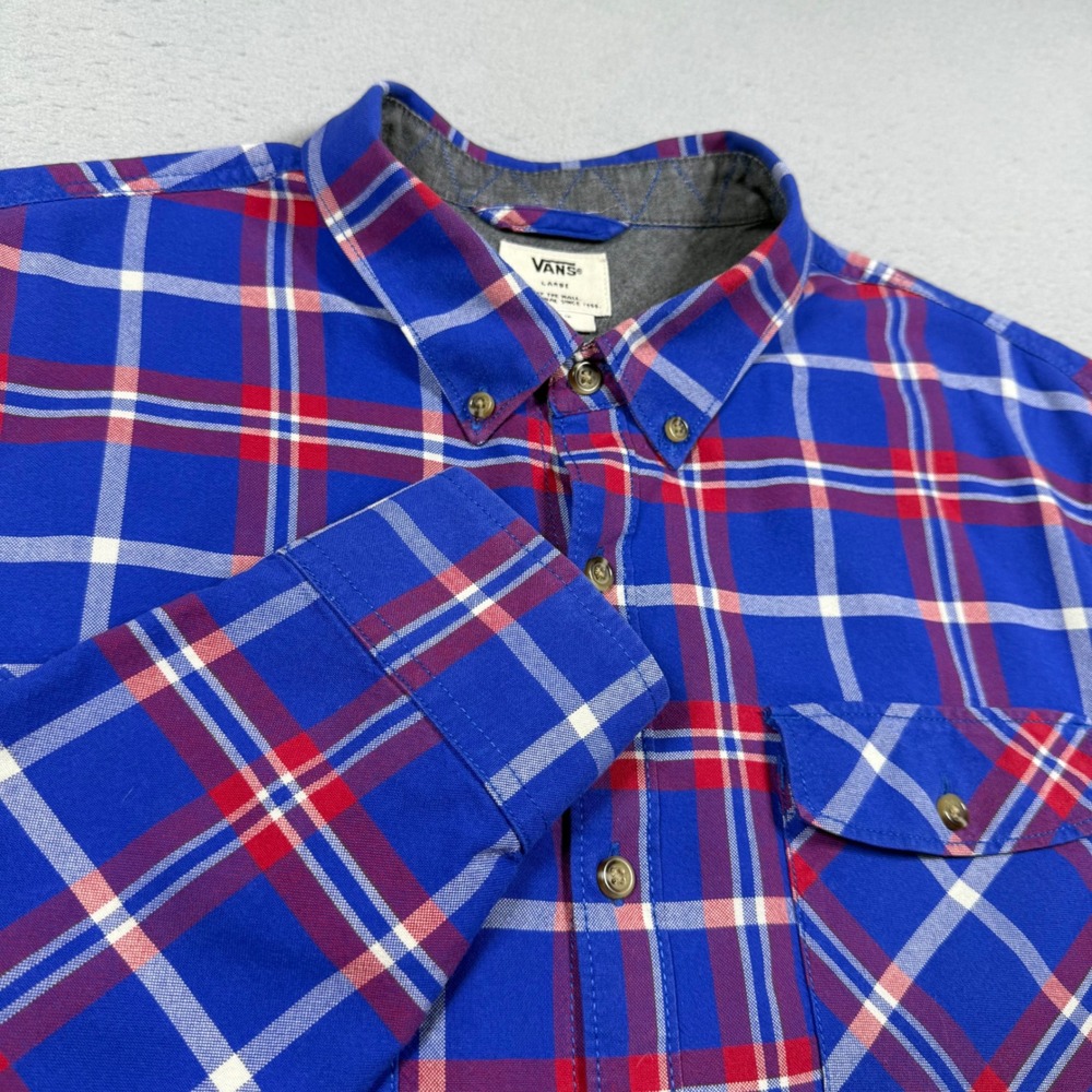Vans Mens Plaid‎ Button Down Shirt Blue Red White Long Sleeve Flannel Large